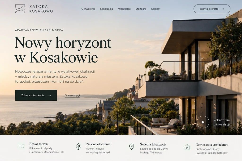Strona inwestycji mieszkaniowej: nagłówek „Nowy horyzont w Kosakowie” i nowoczesny budynek z tarasami nad zatoką