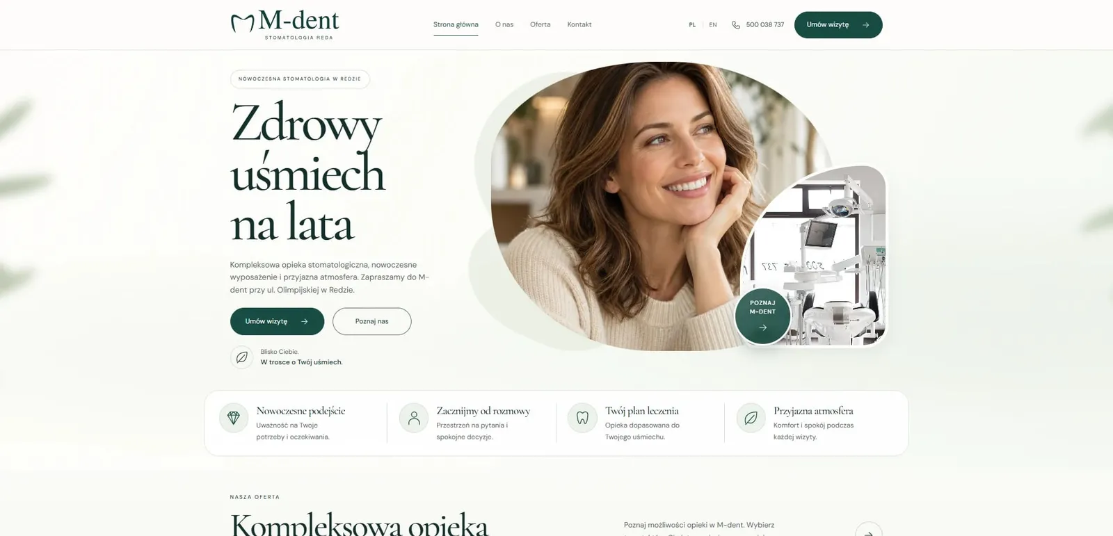 Strona główna gabinetu M-dent: nagłówek „Zdrowy uśmiech na lata” i przycisk umówienia wizyty