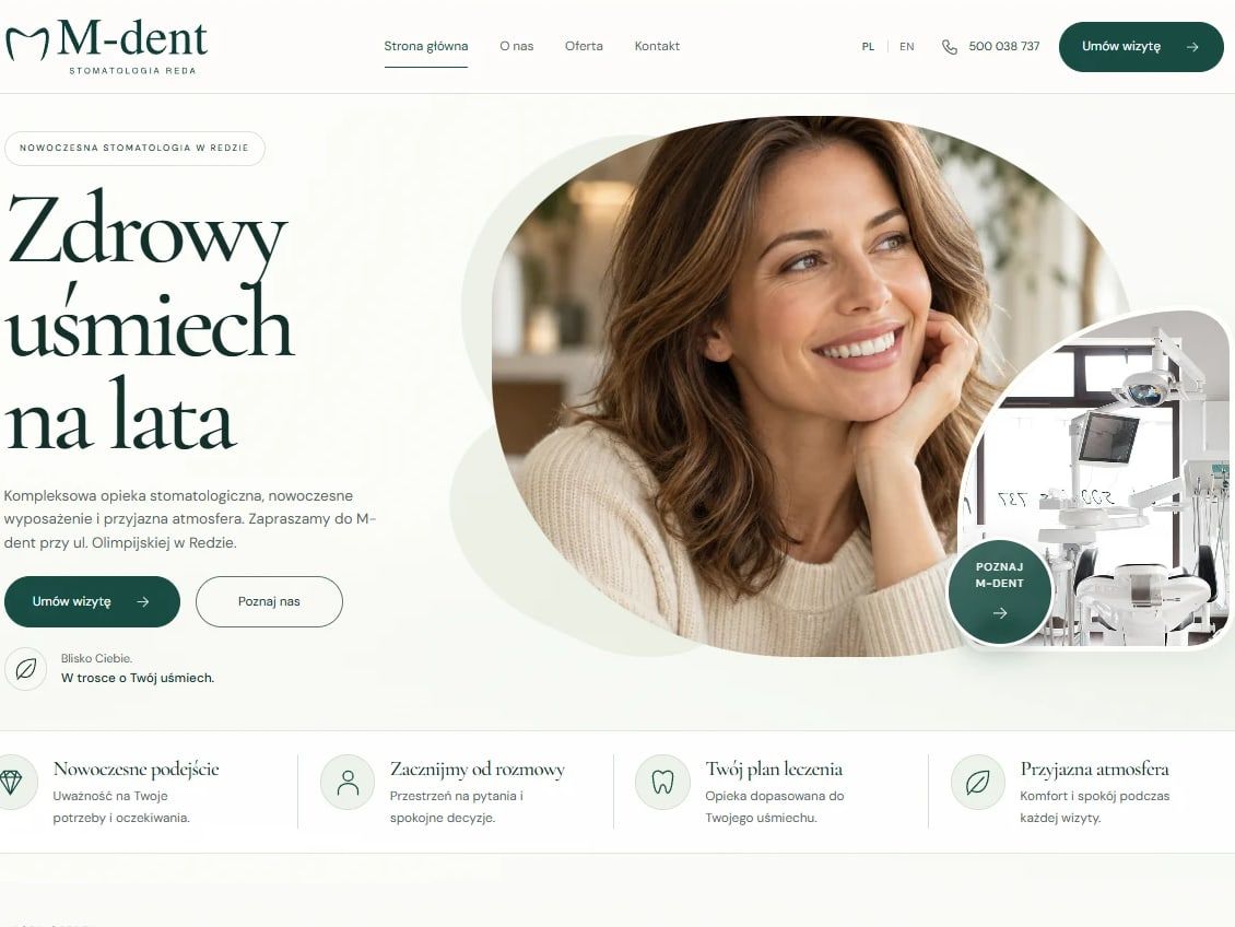 Strona główna gabinetu M-dent: nagłówek „Zdrowy uśmiech na lata” i przycisk umówienia wizyty