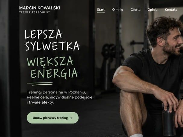 Strona trenera personalnego: hasło „Lepsza sylwetka, większa energia” i przycisk zapisu na trening